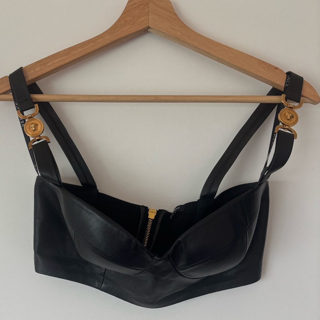 Versace Black Leather Bralette With Gold Details